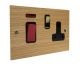 Solo Flat Plate Wood 45Amp Double Pole Cooker Switch with 13Amp Switched Socket in Oak with Polished Brass Rocker and Black trim