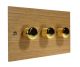 Solo Flat Plate Wood 3 Gang 2Way Push on/Push off 3 x 250W/VA Dimmer Switch in  Oak with Polished Brass Knob