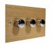 Solo Flat Plate Wood 3 Gang 2Way Push on/Push off 3 x 250W/VA Dimmer Switch in  Oak with Polished Stainless Knob