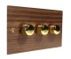 Walnut Flat Plate Wood 3 Gang 2Way Push on/Push off 3 x 250W/VA Dimmer Switch with Polished Brass Knob