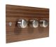 Walnut Flat Plate Wood 3 Gang 2Way Push on/Push off 3 x 250W/VA Dimmer Switch with Satin Stainless Knob