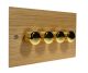 Solo Flat Plate Wood 4 Gang 2Way Push on/Push off 4 x 250W/VA Dimmer Switch in  Oak with Polished Brass Knob