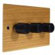 Solo Flat Plate Wood 3 Gang 2Way Push on/Push off LED Dimmer Switch in Oak with designer Retro Black Knob