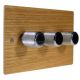 Solo Flat Plate Wood 3 Gang 2Way Push on/Push off 3 x 250W/VA Dimmer Switch in Oak with designer Retro Chrome Knob