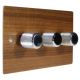 Solo Flat Plate Wood 3 Gang 2Way Push on/Push off  LED Dimmer Switch in Walnut with designer Retro Chrome Knob