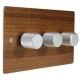 Solo Flat Plate Wood 3 Gang 2Way Push on/Push off 3 x 250W/VA Dimmer Switch in Walnut with designer Retro Satin Silver Knob