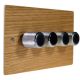 Solo Flat Plate Wood 4 Gang 2Way Push on/Push off 4 x 250W/VA Dimmer Switch in Oak with designer Retro Chrome Knob