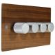 Solo Flat Plate Wood 4 Gang 2Way Push on/Push off 4 x 250W/VA Dimmer Switch in Walnut with designer Retro Satin Silver Knob