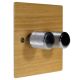 Solo Flat Plate Wood 2 Gang 2Way Push on/Push off 2 x 250W/VA Dimmer Switch in Oak with designer Retro Chrome Knob