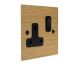 Solo Flat Plate Wood 1 Gang 13Amp Switched Socket in Oak with Black Rocker