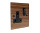 Walnut Flat Plate Wood 1 Gang 13Amp Switched Socket with Black Rocker