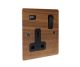 Solo Flat Plate Wood  1G 13A Switched USB charging Socket in Walnut with black trim