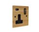 Solo Flat Plate Wood  1G 13A Switched USB charging Socket in Oak with Antique Rocker and black trim