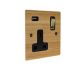 Solo Flat Plate Wood  1G 13A Switched USB charging Socket in Oak with Brass Rocker and black trim