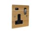 Solo Flat Plate Wood  1G 13A Switched USB charging Socket in Oak with Polished Rocker and black trim