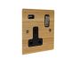 Solo Flat Plate Wood  1G 13A Switched USB charging Socket in Oak with Satin Rocker and black trim