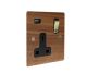 Solo Flat Plate Wood  1G 13A Switched USB charging Socket in Walnut with Brass Rocker and black trim