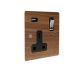 Solo Flat Plate Wood  1G 13A Switched USB charging Socket in Walnut with Polished Rocker and black trim