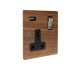 Solo Flat Plate Wood  1G 13A Switched USB charging Socket in Walnut with Satin Rocker and black trim