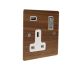 Solo Flat Plate Wood  1G 13A Switched USB charging Socket in Walnut with Satin Rocker and white trim