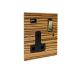 Solo Flat Plate Wood  1G 13A Switched USB charging Socket in Zebrano with Brass Rocker and black trim