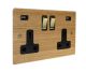 Solo Flat Plate Wood  2G 13A Switched USB charging Socket in Oak with Brass Rocker and black trim