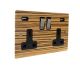 Solo Flat Plate Wood  2G 13A Switched USB charging Socket in Zebrano with Satin Rocker and black trim