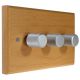 Wood 3 Gang 2Way Push on/Push off 3 x 250W/VA Dimmer Switch in Solid Beech with designer Satin Silver Retro Knob