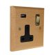 Scandic 1G USB Charging Socket in Beech with Brass Rocker and Black trim.