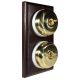 2 Gang 2 Way Period Asbury Vertical Dark Oak Wood - Polished Brass Dome Light Switch White Pattress