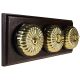 3 gang 2 Way Period Asbury Horizontal Dark Oak Wood - Polished Brass Fluted Dome Light Switch Black Pattress