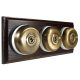 3 gang 2 Way Period Asbury Horizontal Dark Oak Wood - Antique Brass Dome Light Switch White pattress