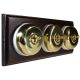 3 gang 2 Way Period Asbury Horizontal Dark Oak Wood - Polished Brass Dome Light Switch White Pattress