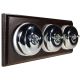 3 gang 2 Way Period Asbury Horizontal Dark Oak Wood - Polished Chrome Dome Light Switch White Pattress