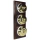 3 gang 2 Way Period Asbury Vertical Dark Oak Wood - Polished Brass Dome Light Switch White Pattress