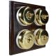 4 gang 2 Way Period Asbury  Dark Oak Wood - Polished Brass Dome Light Switch White Pattress