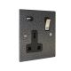 Elements Switched USB charging single socket in Hammered Silver Finish with Satin Rocker and Black Trim