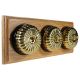 3 gang 2 Way Period Asbury Horizontal Light Oak Wood - Polished Brass Fluted Dome Light Switch Black Pattress