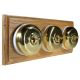 3 gang 2 Way Period Asbury Horizontal Light Oak Wood - Polished Brass Dome Light Switch White Pattress