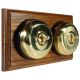 2 Gang 2 Way Period Asbury Horizontal Medium Oak Wood - Polished Brass Dome Light Switch Black Pattress