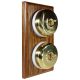 2 Gang 2 Way Period Asbury Vertical Medium Oak Wood - Polished Brass Dome Light Switch White Pattress