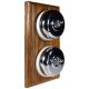 2 Gang 2 Way Period Asbury Vertical Medium Oak Wood - Polished Chrome Dome Light Switch White Pattress