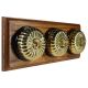 3 gang 2 Way Period Asbury Horizontal Medium Oak Wood - Polished Brass Fluted Dome Light Switch Black Pattress