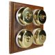 4 gang 2 Way Period Asbury Medium Oak Wood - Polished Brass Dome Light Switch White Pattress