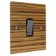 Solo Flat Plate Wood 1 Gang 2Way 10Amp Rocker Switch in Zebrano with Polished Stainless Rocker and Black Trim