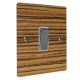 Solo Flat Plate Wood 1 Gang 2Way 10Amp Rocker Switch in Zebrano with Polished Stainless Rocker and White Trim