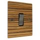 Solo Flat Plate Wood 1 Gang 2Way 10Amp Rocker Switch in Zebrano with Satin Stainless Rocker and Black Trim