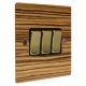 Solo Flat Plate Wood 3 Gang 2Way 10Amp Rocker Switch in Zebrano with Polished Brass Rocker and Black trim