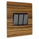 Solo Flat Plate Wood 3 Gang 2Way 10Amp Rocker Switch in Zebrano with Polished Stainless Rocker and Black Trim