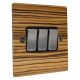 Solo Flat Plate Wood 3 Gang 2Way 10Amp Rocker Switch in Zebrano with Satin Stainless Rocker and Black Trim